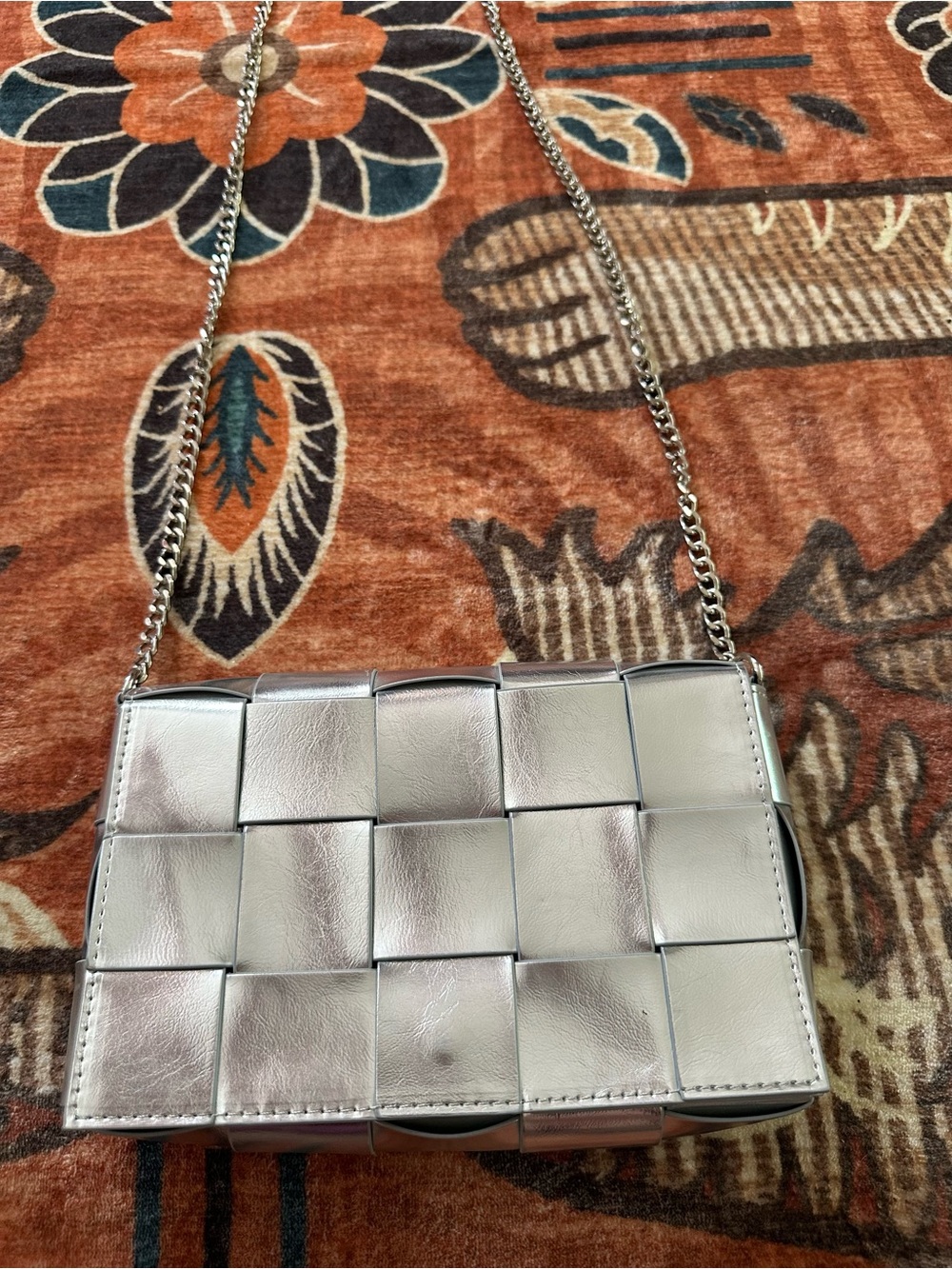 Woven Metallic Silver Leather Crossbody Bag
